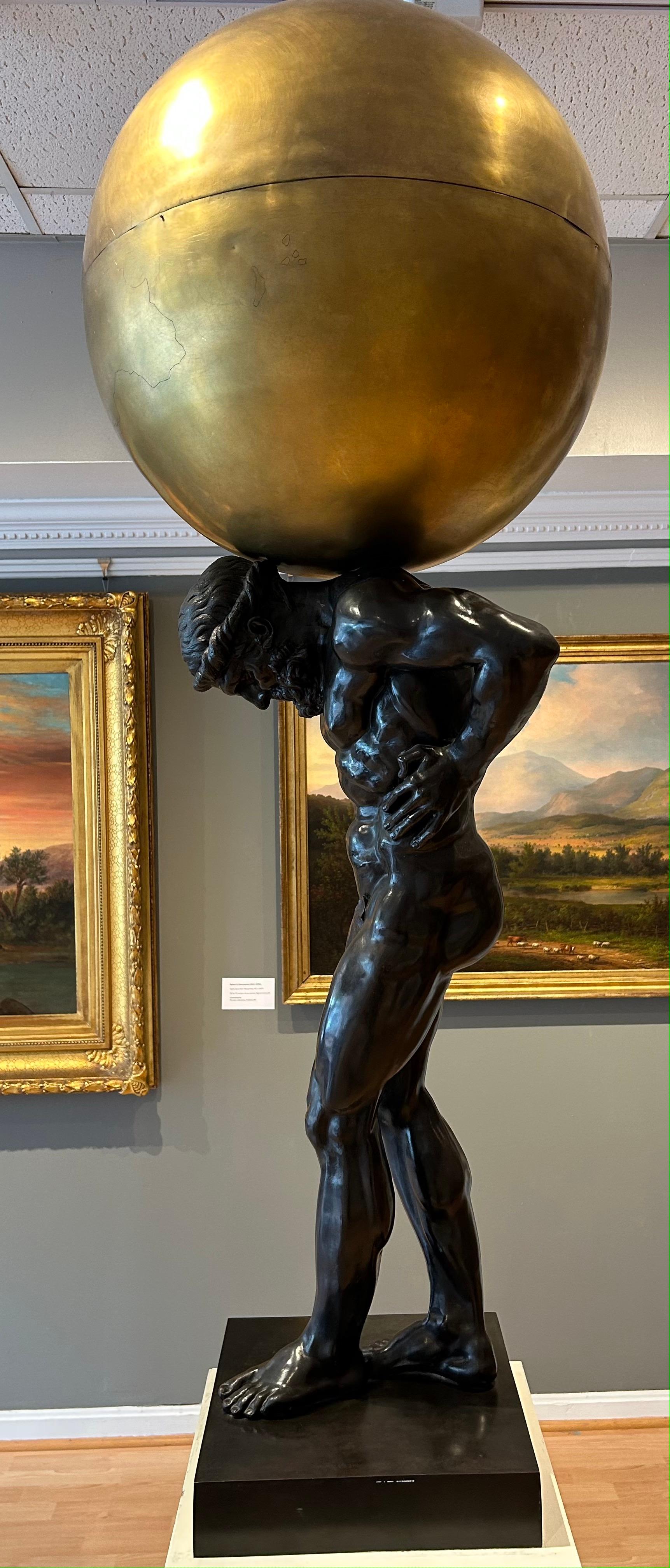 This pair of bronze sculptures of Atlas with Globe & Armillary Sphere are of high cast quality. Pairs have sold for over 700,000 Euro. Their condition is excellent for age and has very minor imperfections. The wooden pyramidal pedestals are