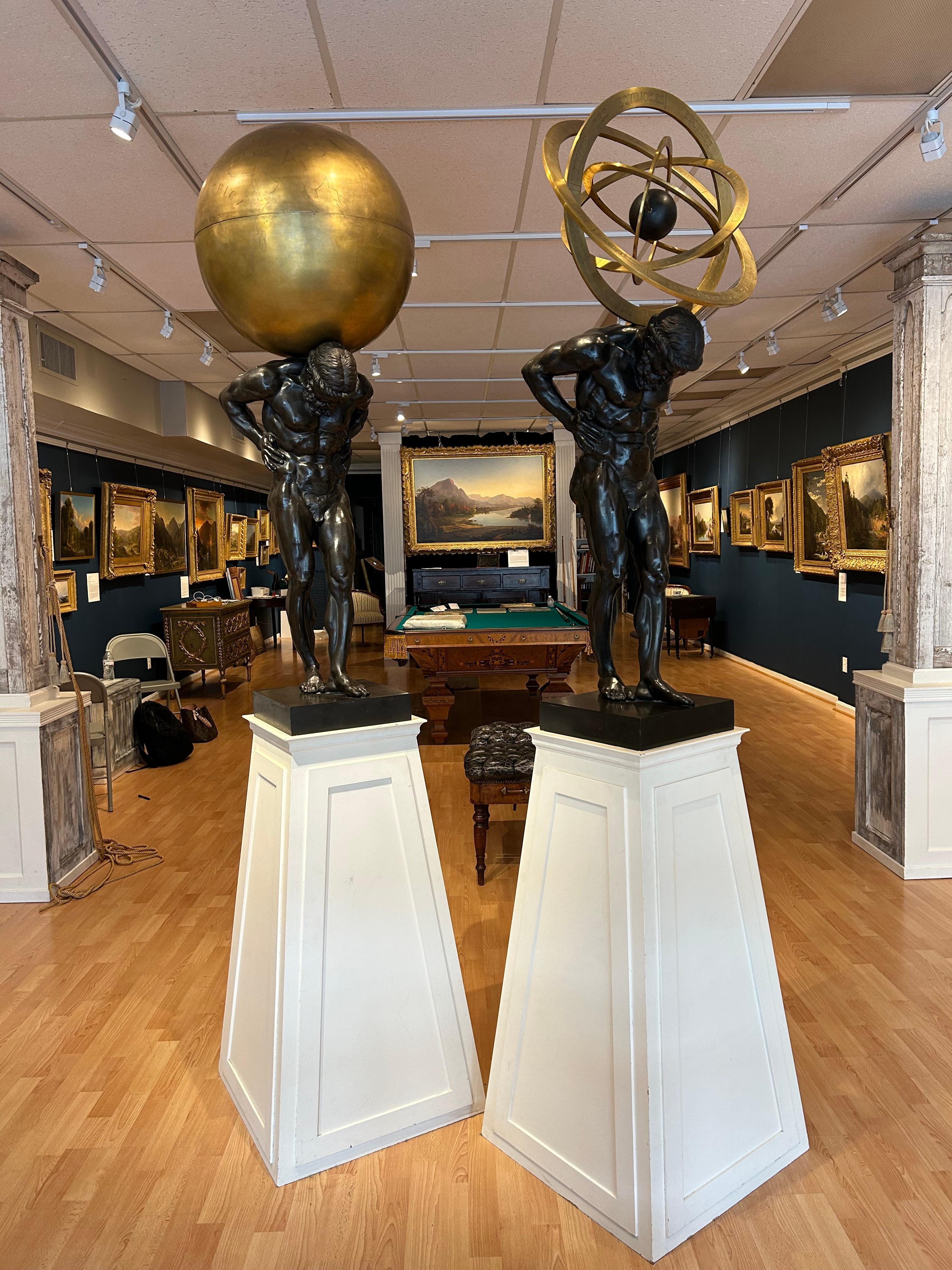 Unknown Figurative Sculpture - Late 19th Century Pair of Bronze Atlas Sculptures with Globe & Armillary Sphere