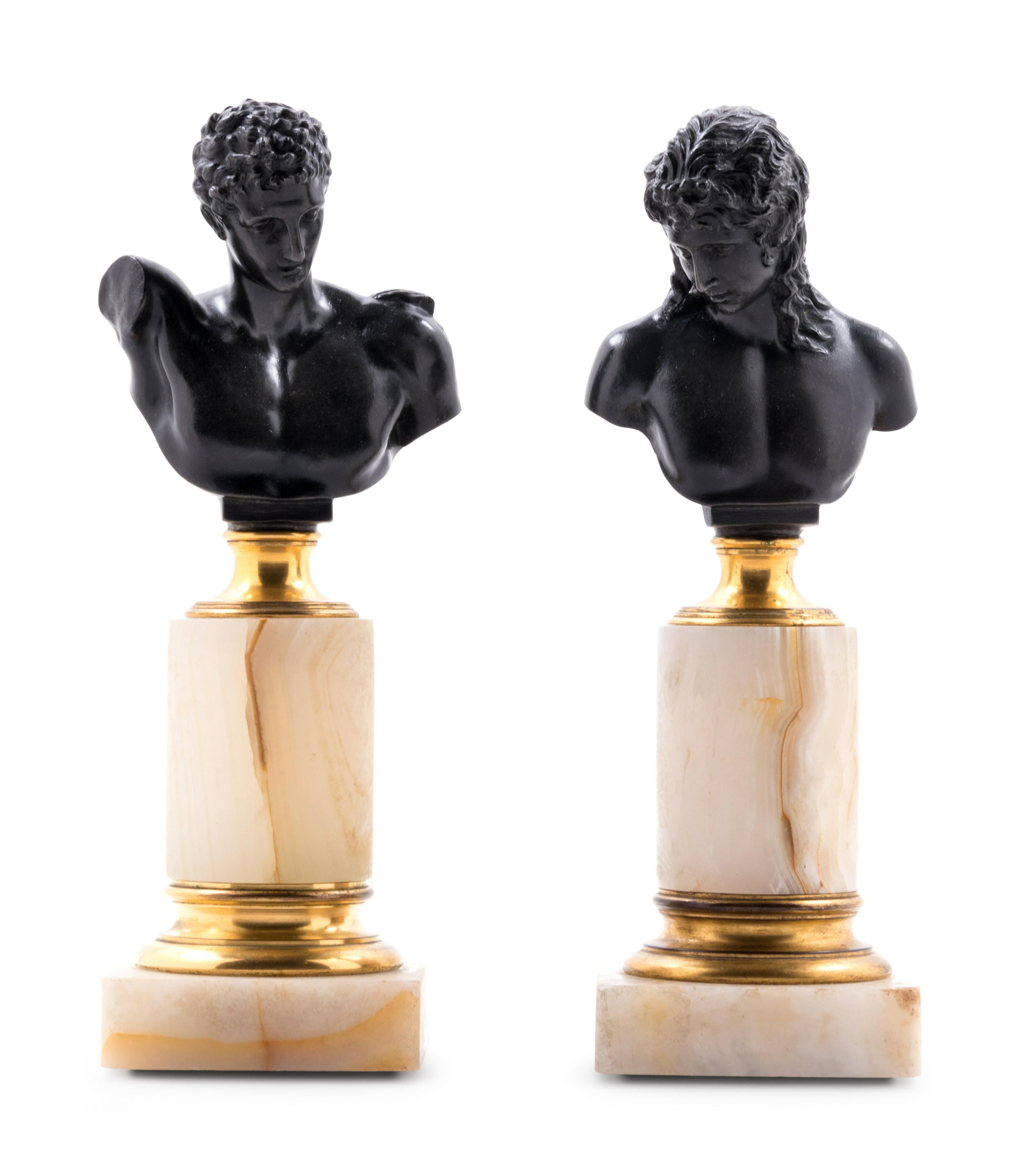 Pair of German Bronze and Onyx of Grand Tour Busts of Hermes and Ariadne - Sculpture by Unknown