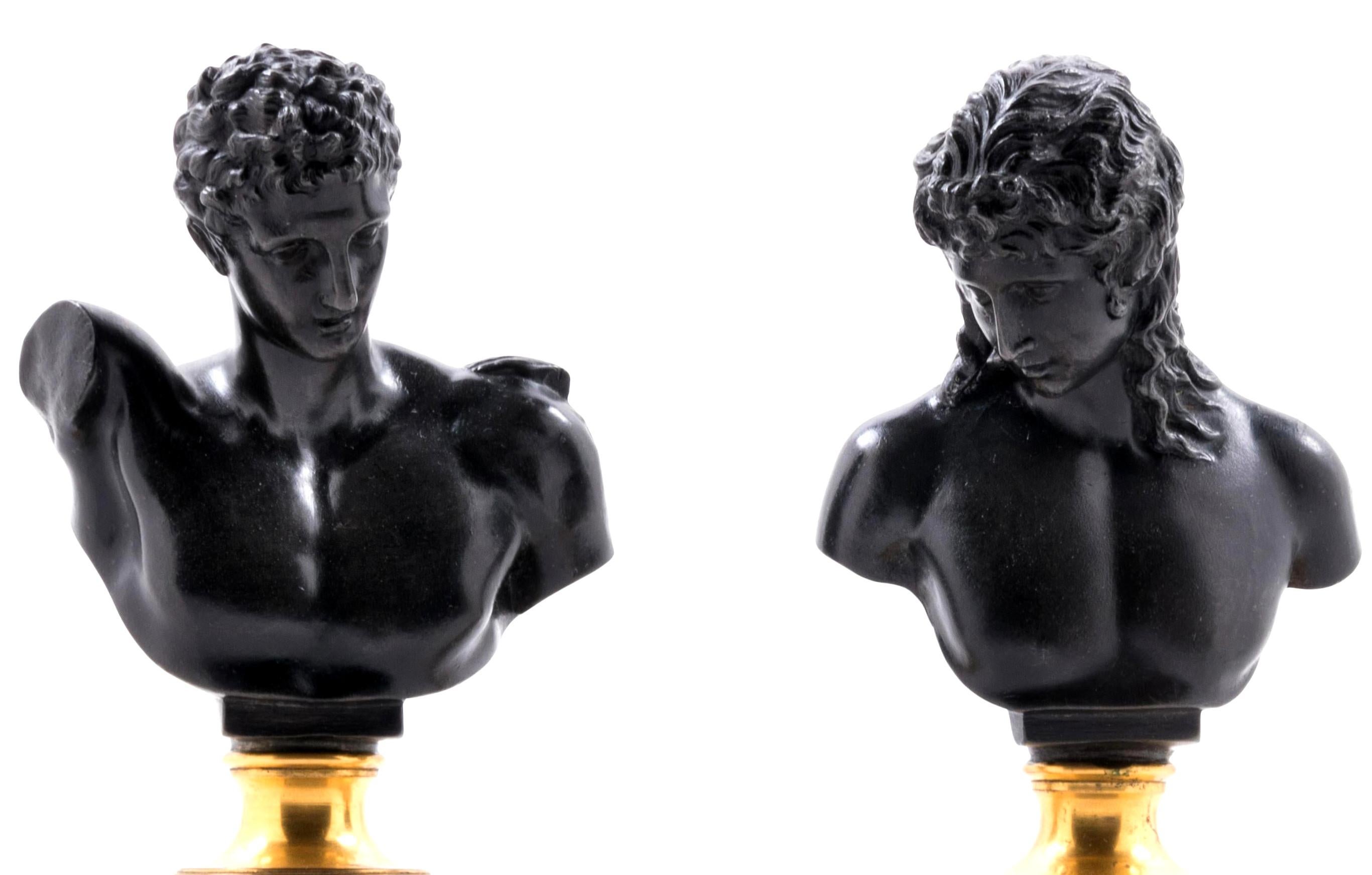 Unknown Nude Sculpture - Pair of German Bronze and Onyx of Grand Tour Busts of Hermes and Ariadne