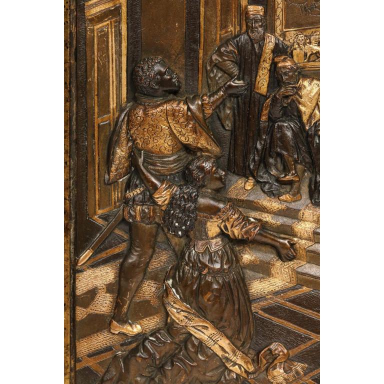 Pair of exquisite quality French gilt and patinated bronze relief plaques depicting Shakespeare's Othello, circa 1890.  After the Othello painting by Carl Ludwig Friedrich Becker (1820-1900).  In original frames.   Beautifully detailed with gilt and