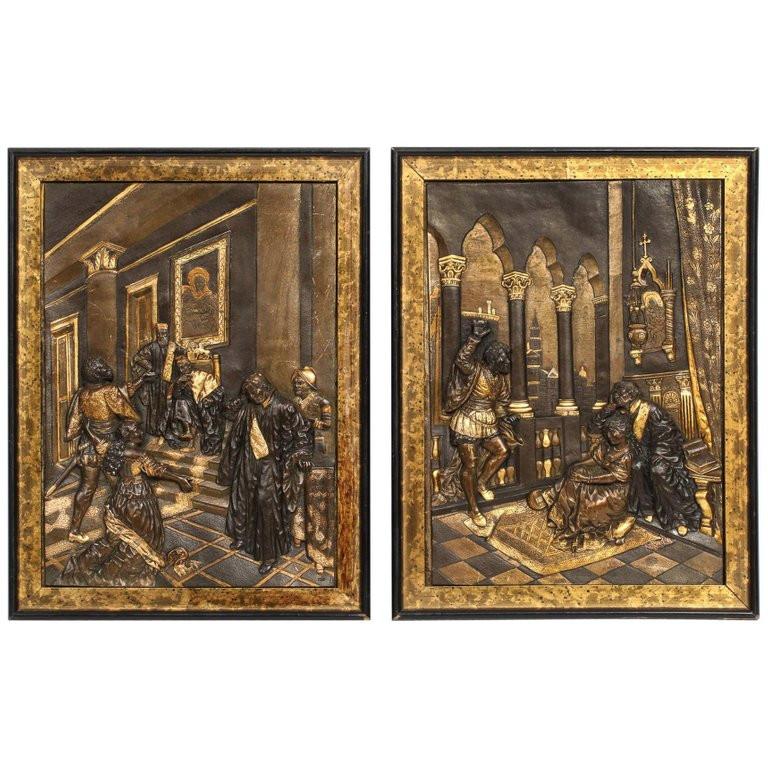 Unknown Figurative Sculpture - Pair of Gilt and Patinated Bronze Relief Plaques Depicting Shakespeare, Othello