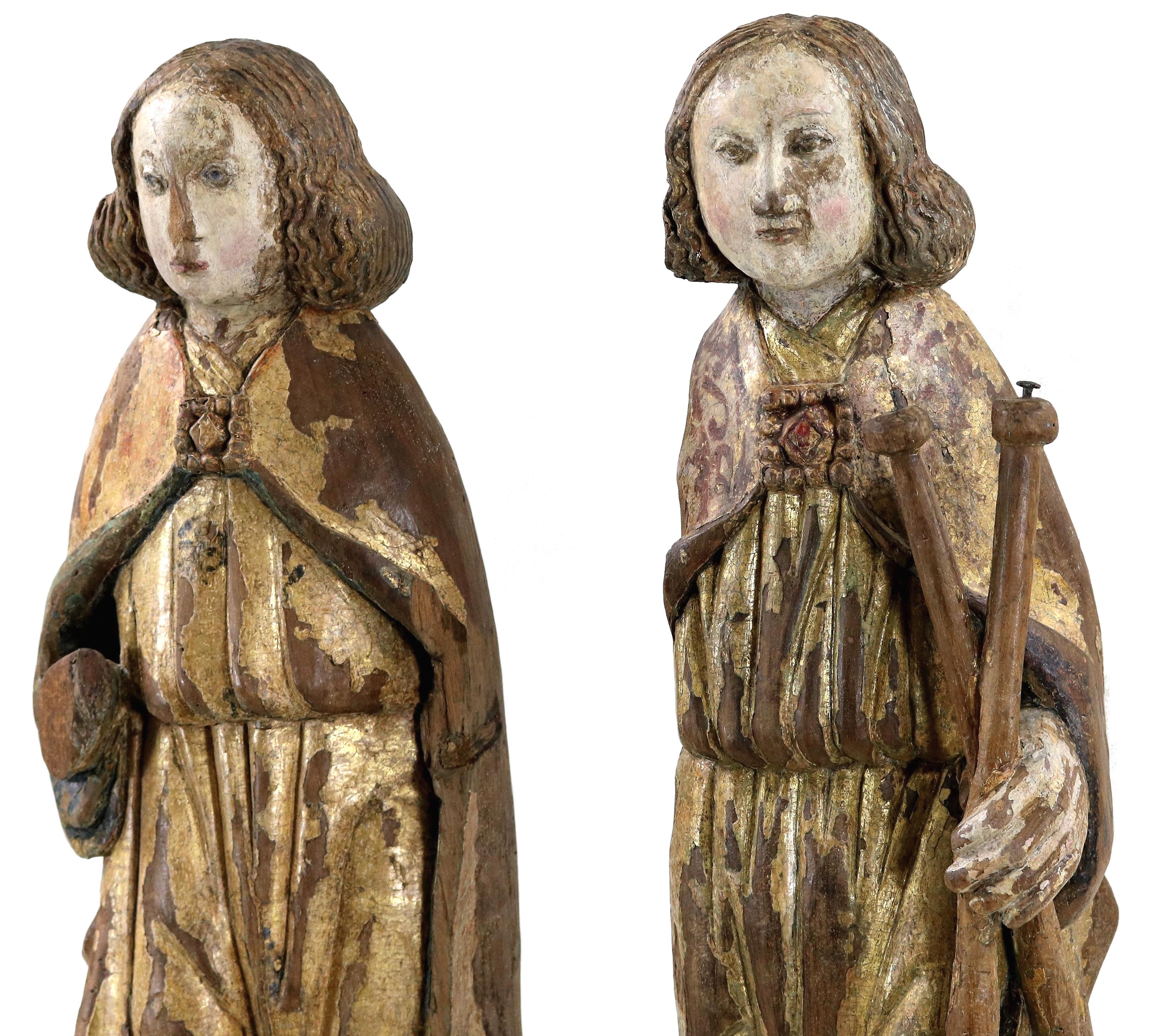 Pair of gilt and polychrome wood angels circa 1500 - Brown Figurative Sculpture by Unknown