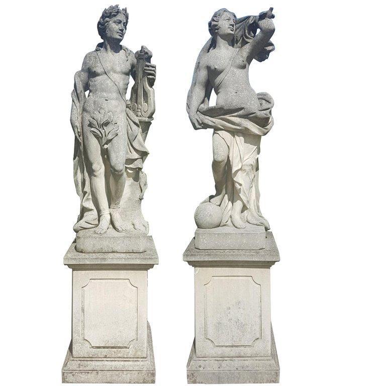 Unknown Figurative Sculpture - Pair of Italian Limestone Garden Sculptures of Apollo and Roman Goddness  