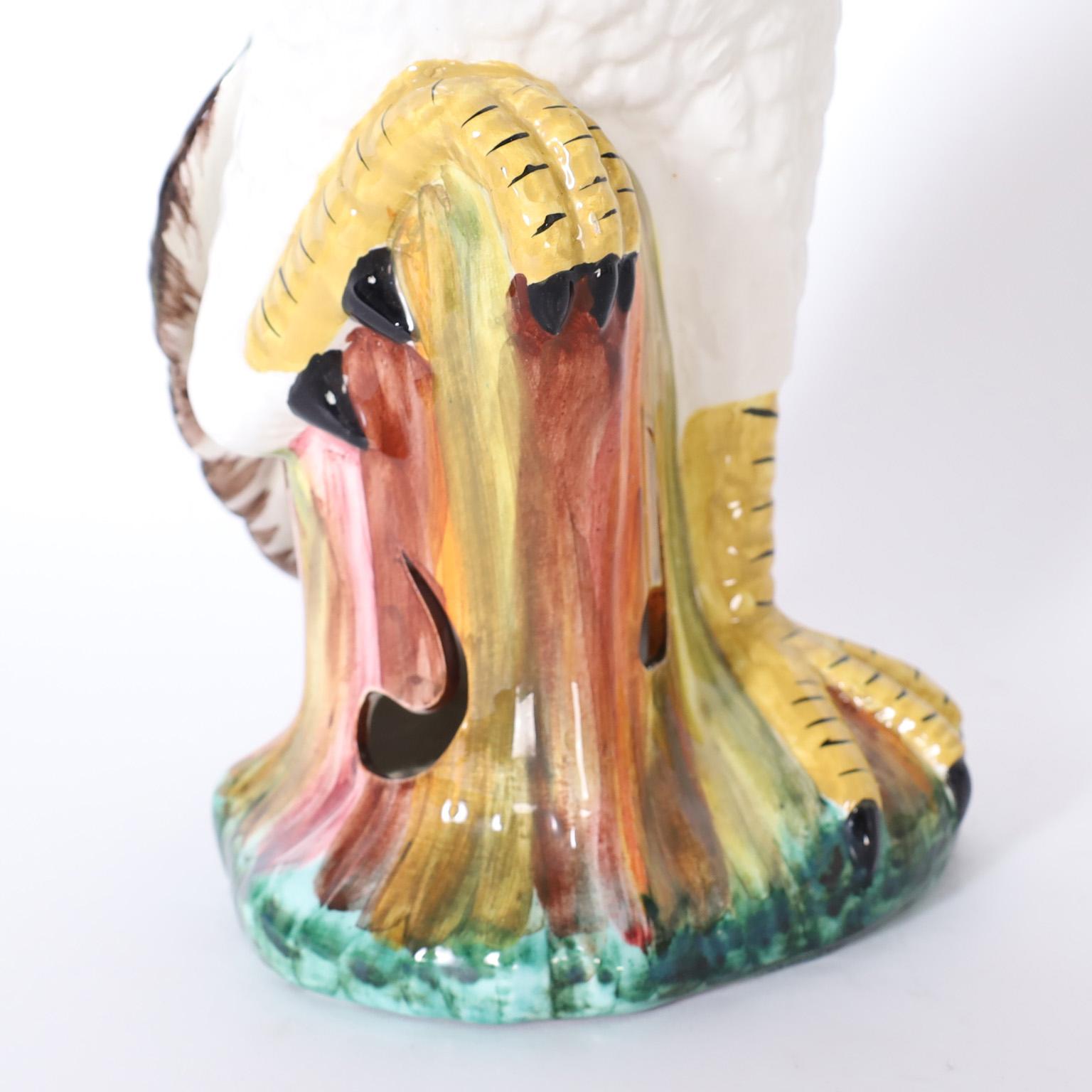 Pair of Italian decorative majolica ceramic or porcelain birds, decorated and glazed. Signed Meiselman on the bottom.