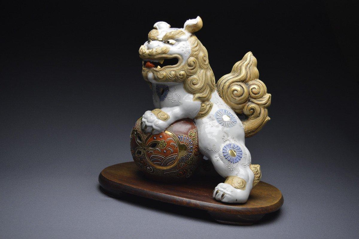 Pair of Buddhist Foo Dogs 
Polychrome porcelain
Japan, Meiji era (1868 – 1912), circa late 19th century
Satsuma Kilns
12 3/8 x 9 5/8 inches

This exquisite pair of Japanese Foo-dogs are very high quality. These were clearly created for a high status
