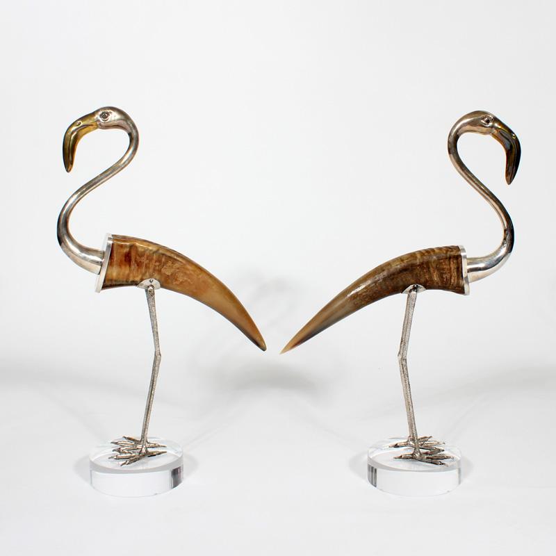 This is a dynamite pair of silvered metal, brass and horn flamingos mounted on Lucite bases, signed Binazzi of Italy. So sculptural, using the horns as bodies, adding metal heads and legs, the brass beaks are a wonderful contrasting feature. The