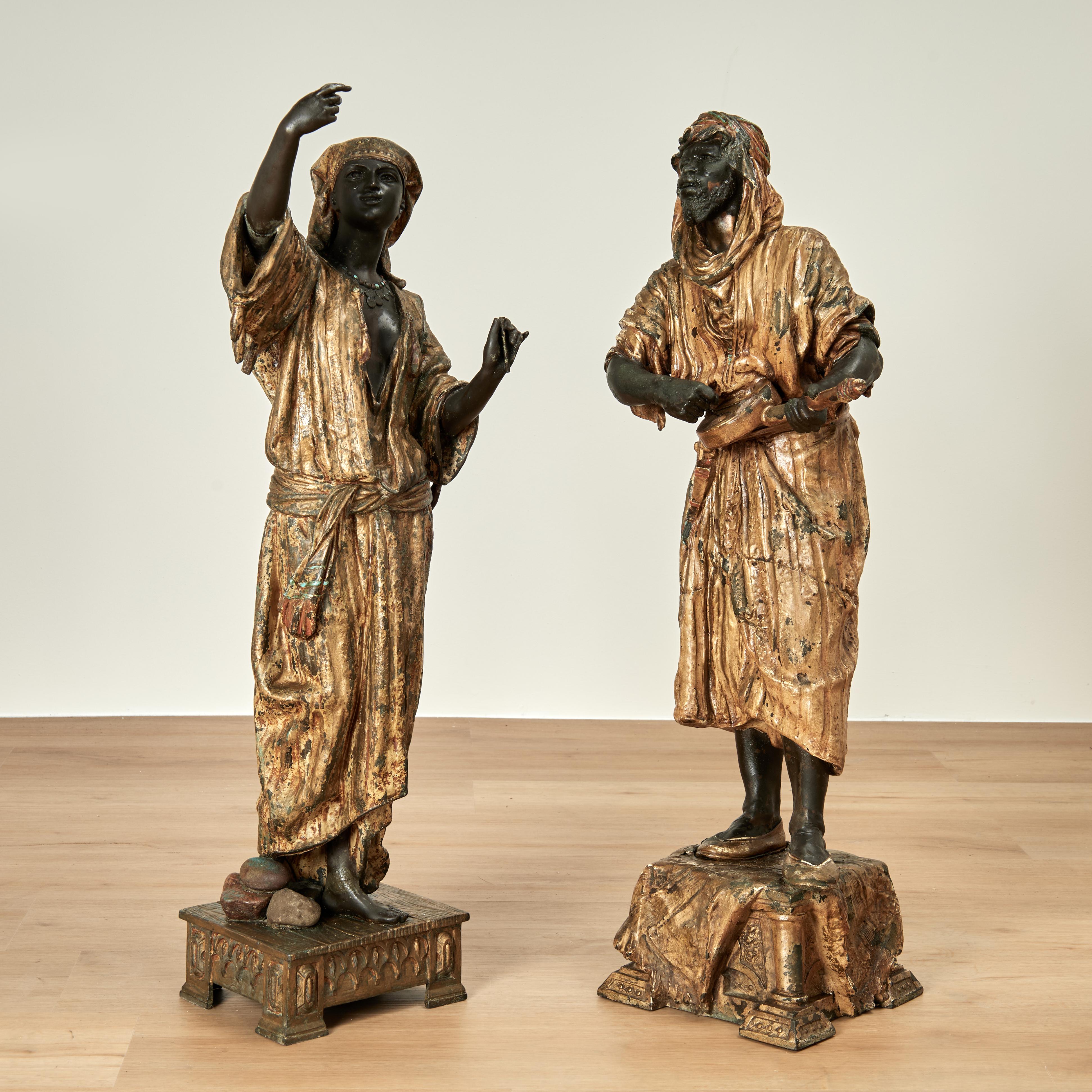 Unknown Figurative Sculpture - Pair of Large Antique Orientalist Bronze Figural Sculptures or Statues