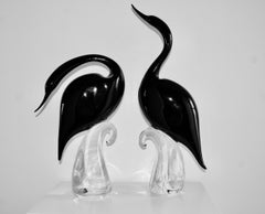 Pair of Black Murano Glass Heron Birds 