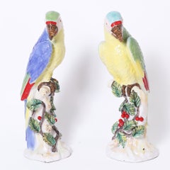 Pair of Large Vintage Glazed Terra Cotta Parrot Sculptures