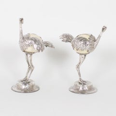 Pair of Mid-Century Silvered Ostrich Sculptures Constructed with Ostrich Eggs