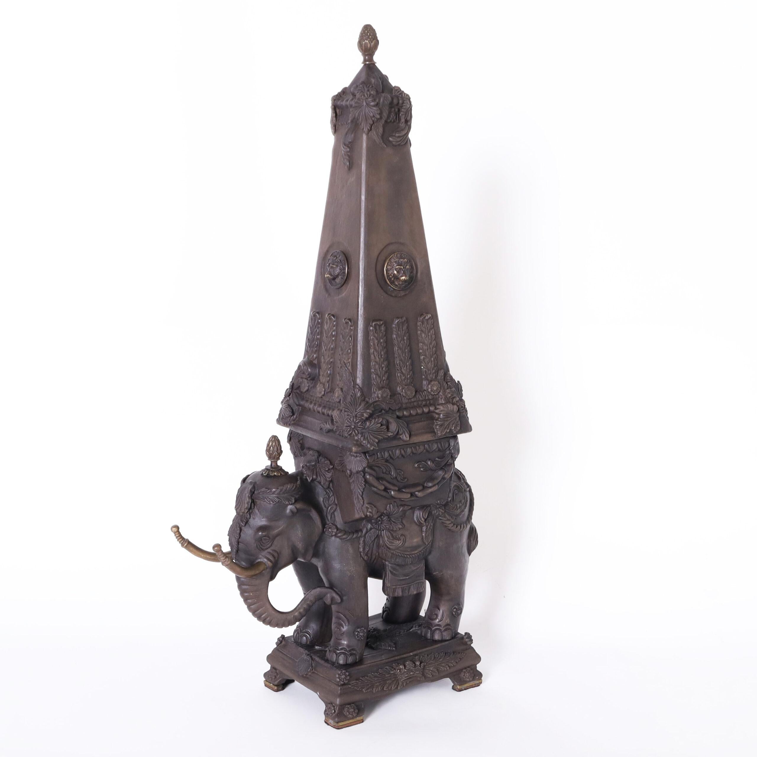 Pair of Neoclassic Earthenware Elephants with Obelisks - Folk Art Sculpture by Unknown