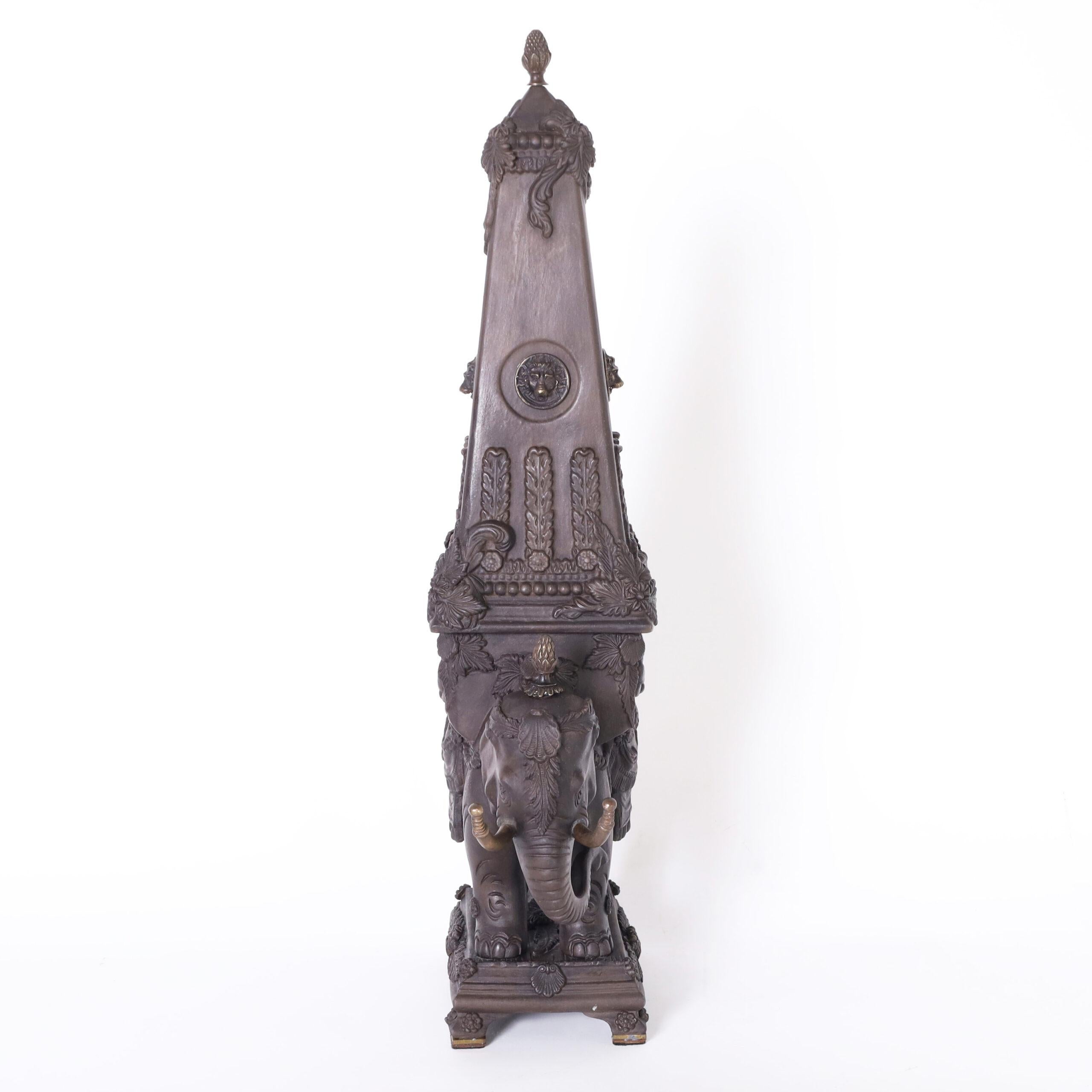 Pair of Neoclassic Earthenware Elephants with Obelisks - Gold Figurative Sculpture by Unknown