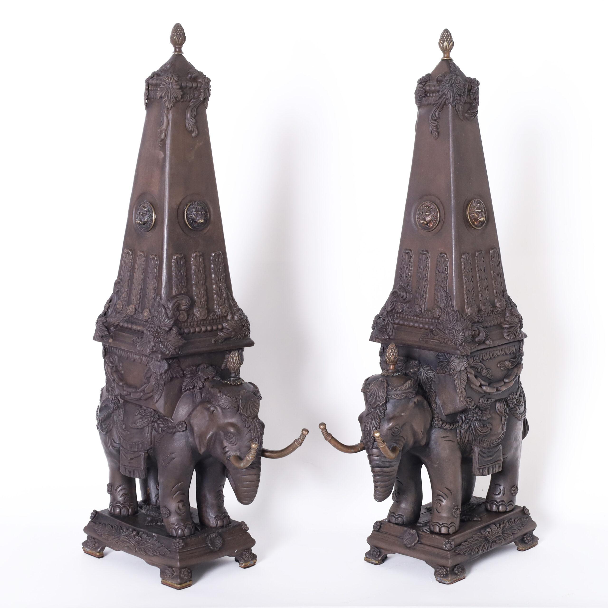 Unknown Figurative Sculpture - Pair of Neoclassic Earthenware Elephants with Obelisks