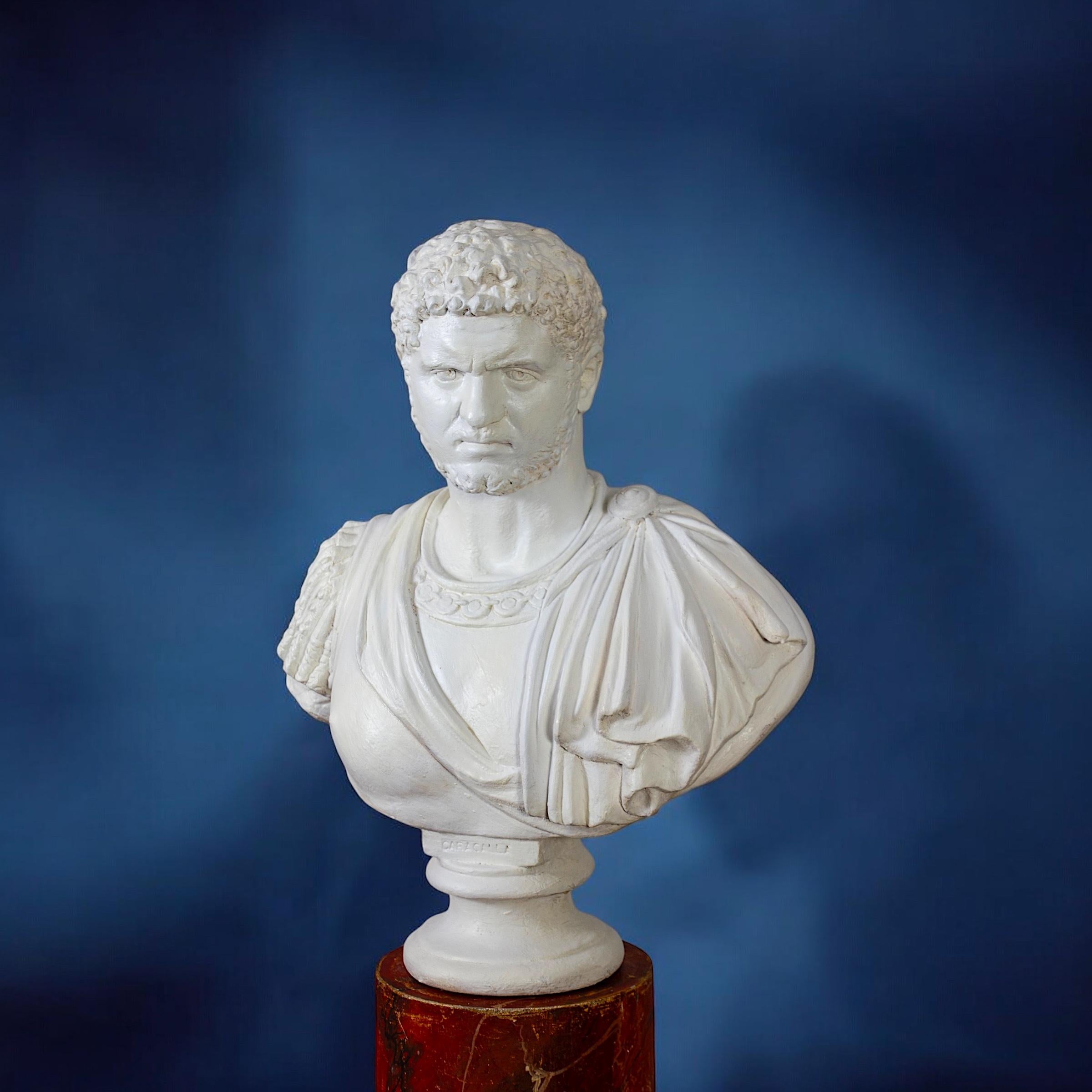 Pair of 19' century Italian Marble imitation painted Terracotta . 
 Bust of Emperor Caracalla and Cicero .
 Measurements : cm 71 H x 60 
 Available also a pair marble imitation columns from the same  provenance .
cm 117 x41x41
Timeless decoration