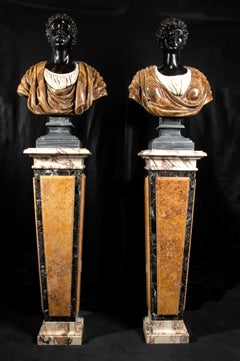 Pair of Polychrome Marble Busts of Moors Standing on Variegated Marble Pedestals