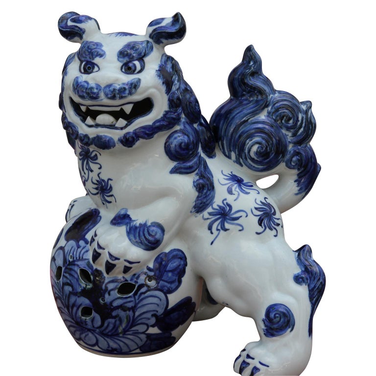 Unknown Pair of Porcelain Japanese Blue Foo Dogs at 1stDibs