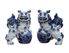 Retro Pair of Porcelain Japanese Blue Foo Dogs