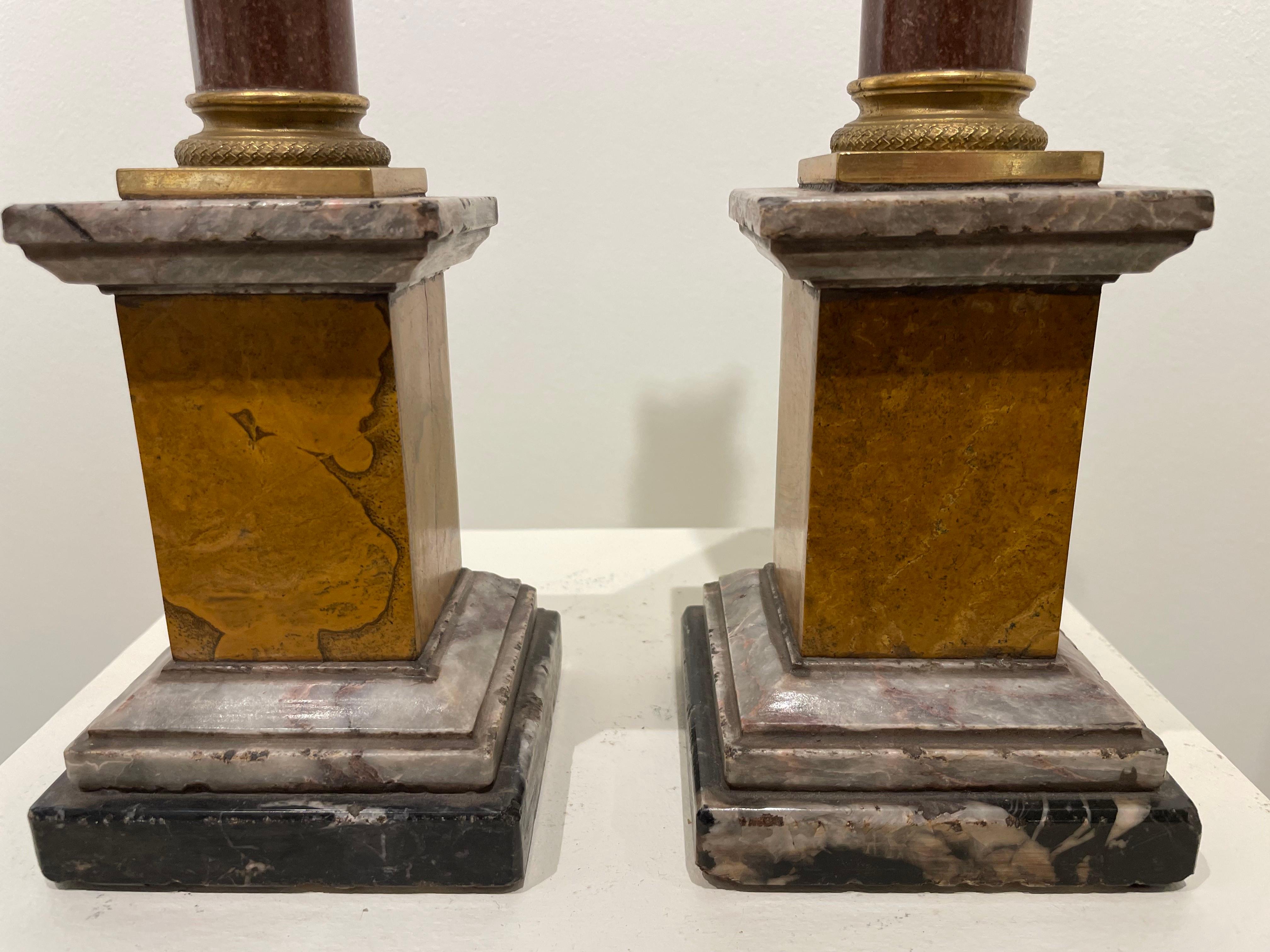 Pair of Porphyry Marble Columns with Gilt Bronze Capitals, 19th Century For Sale 8