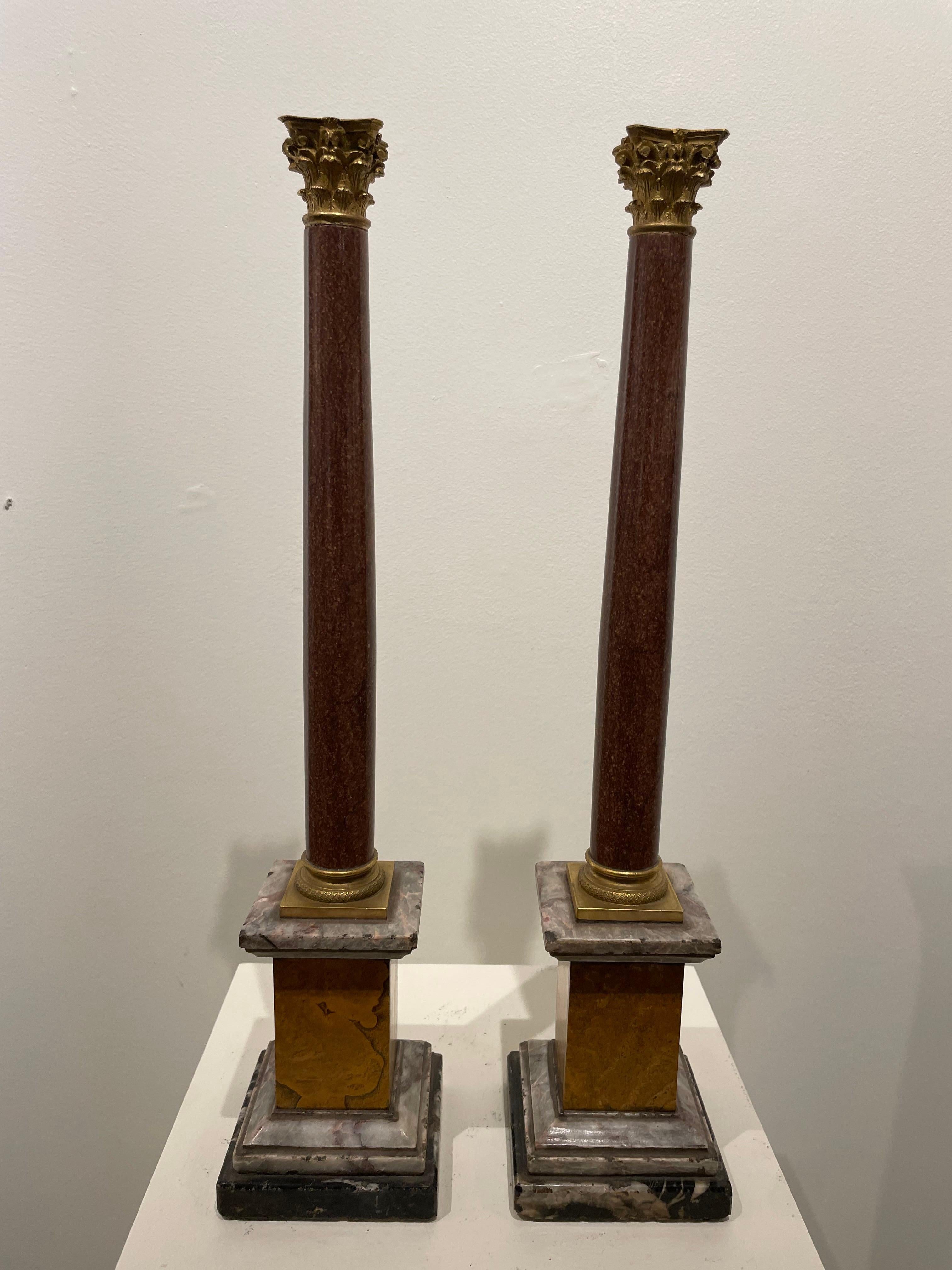 Pair of Porphyry Marble Columns with Gilt Bronze Capitals, 19th Century For Sale 9