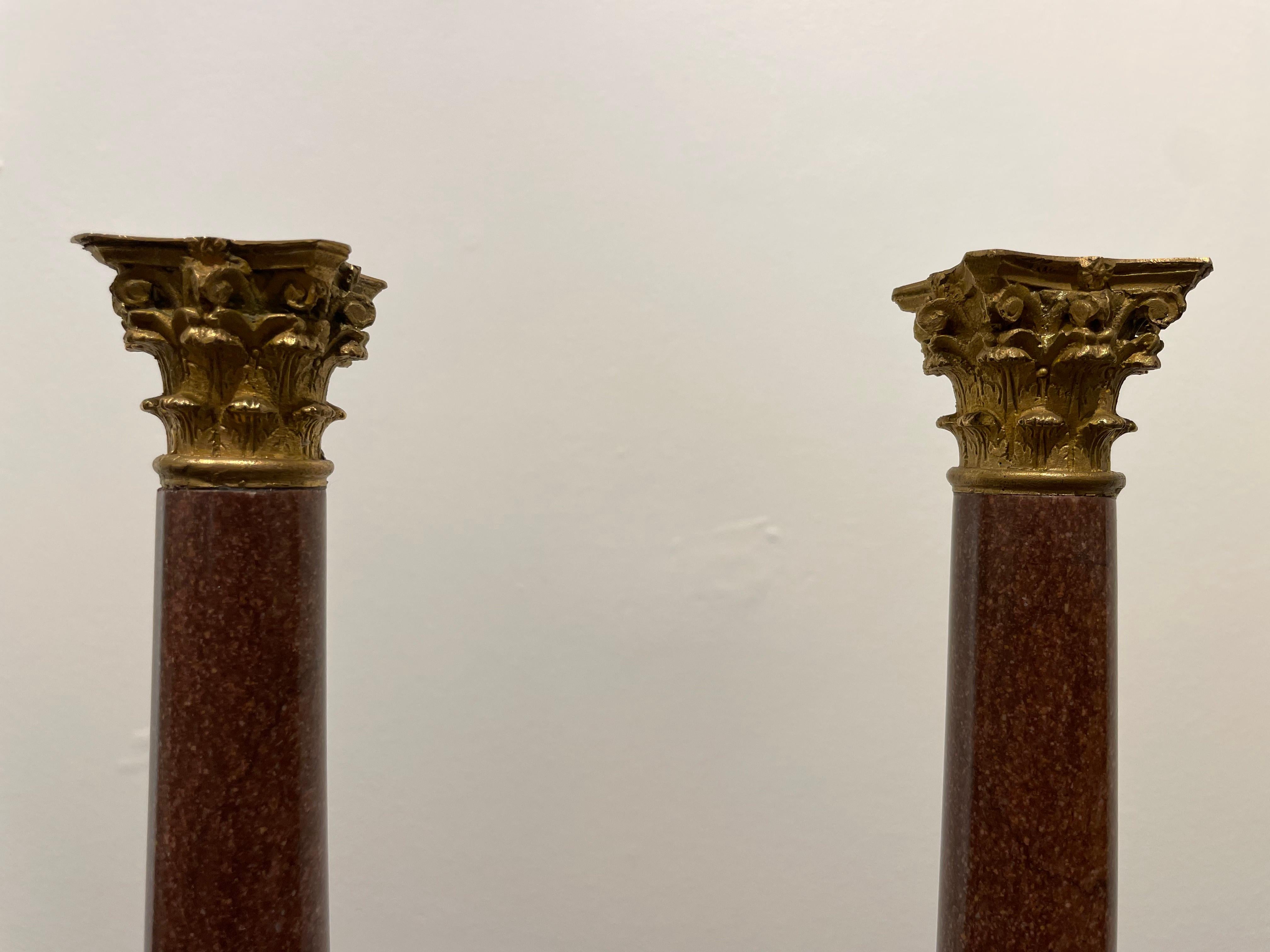 Pair of Porphyry Marble Columns with Gilt Bronze Capitals, 19th Century For Sale 10