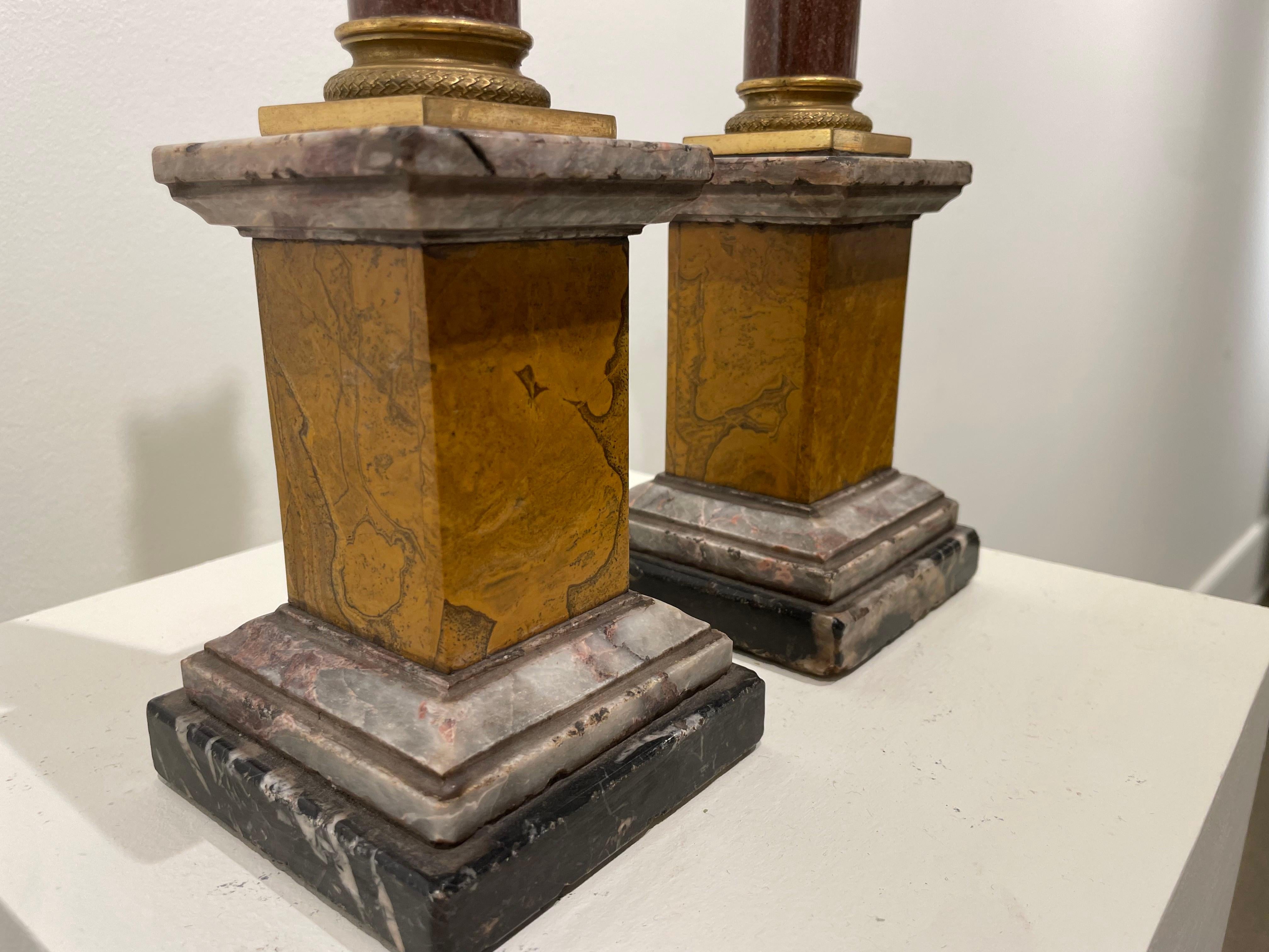 Pair of Porphyry Marble Columns with Gilt Bronze Capitals, 19th Century For Sale 7