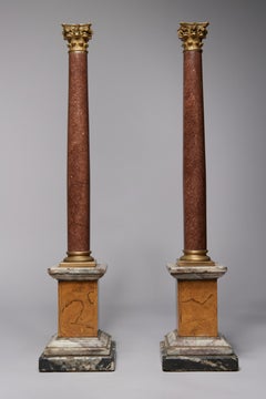 Pair of Porphyry Marble Columns with Gilt Bronze Capitals, 19th Century