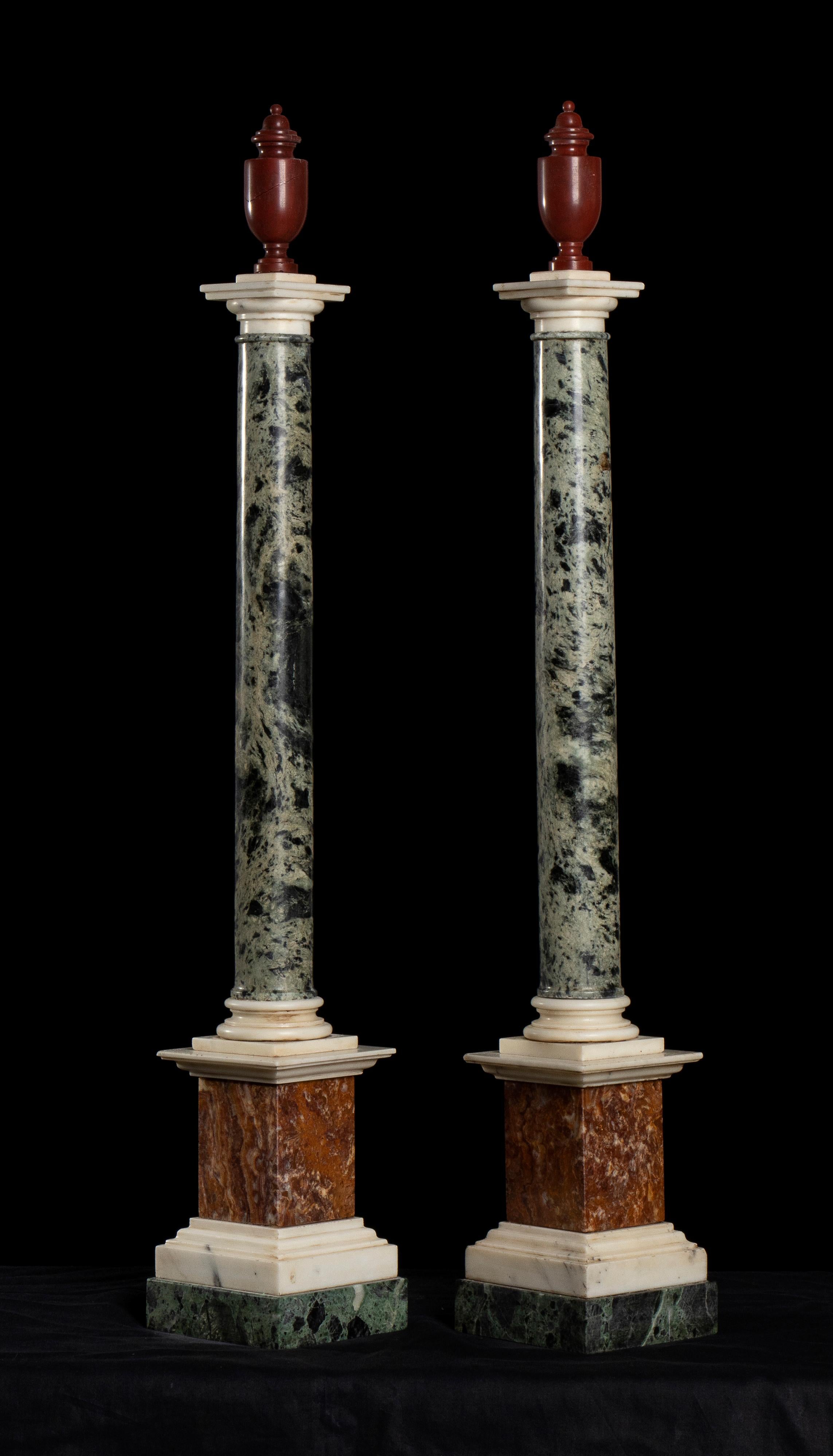 A pair of  models of pedestals made with ancient and specimen marble as Verde Antico, onice del Circeo and Rosso Antico as from the classical roman temples. The style and the proportion are an exactly scale of the roman temples. These pieces are a