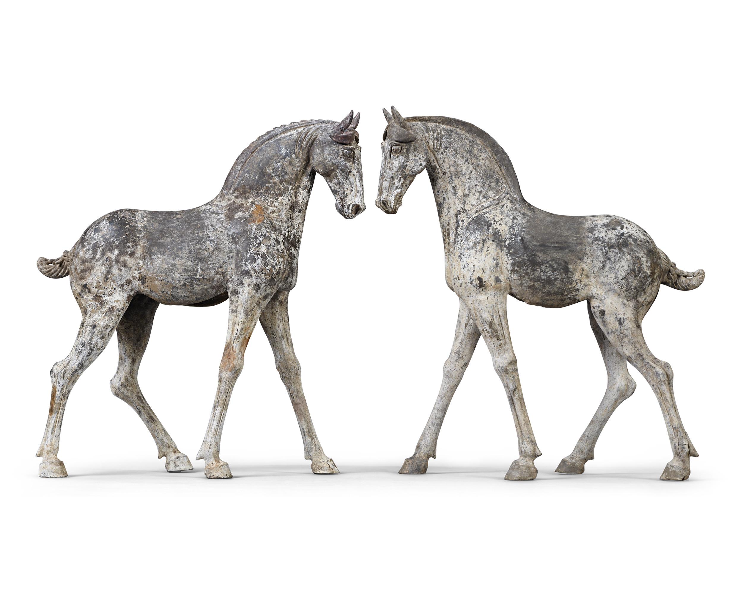 Pair Of Tang Dynasty Horses - Sculpture by Unknown