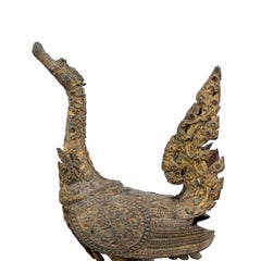 Pair of Thai gilt bronze Hong sacred temple birds with bells, Rattanakosin