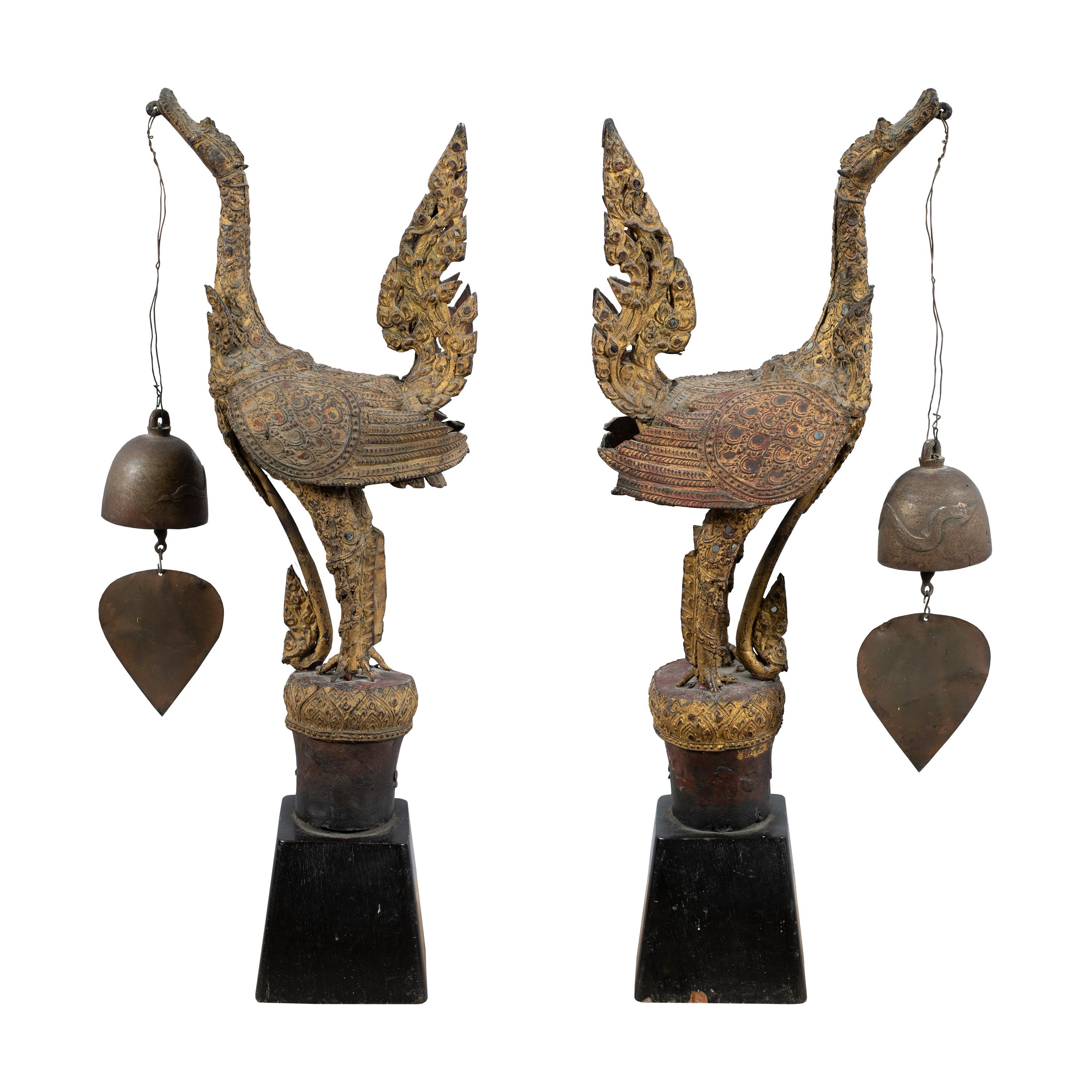 Pair of Thai gilt bronze Hong sacred temple birds with bells, Rattanakosin