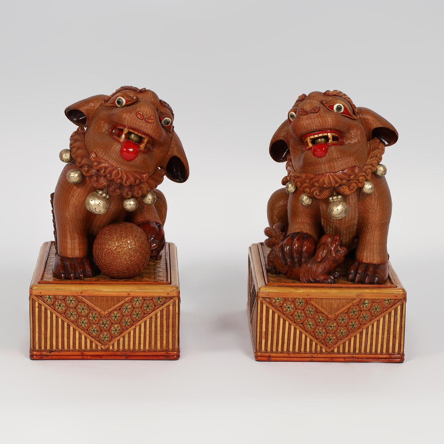 Pair of Vintage Chinese Wicker Foo Dogs From the Shanghai Collection - Sculpture by Unknown