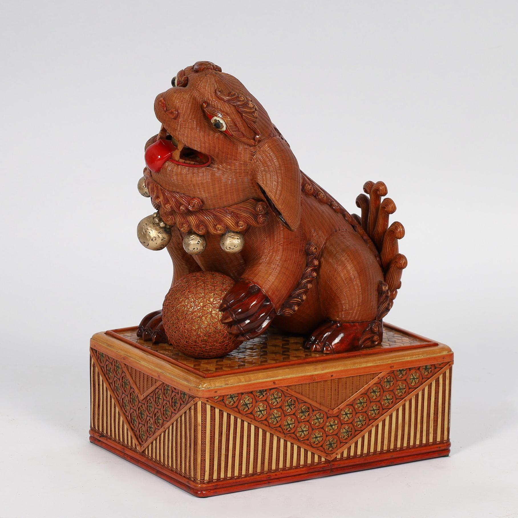 Pair of Vintage Chinese Wicker Foo Dogs From the Shanghai Collection - Gray Figurative Sculpture by Unknown