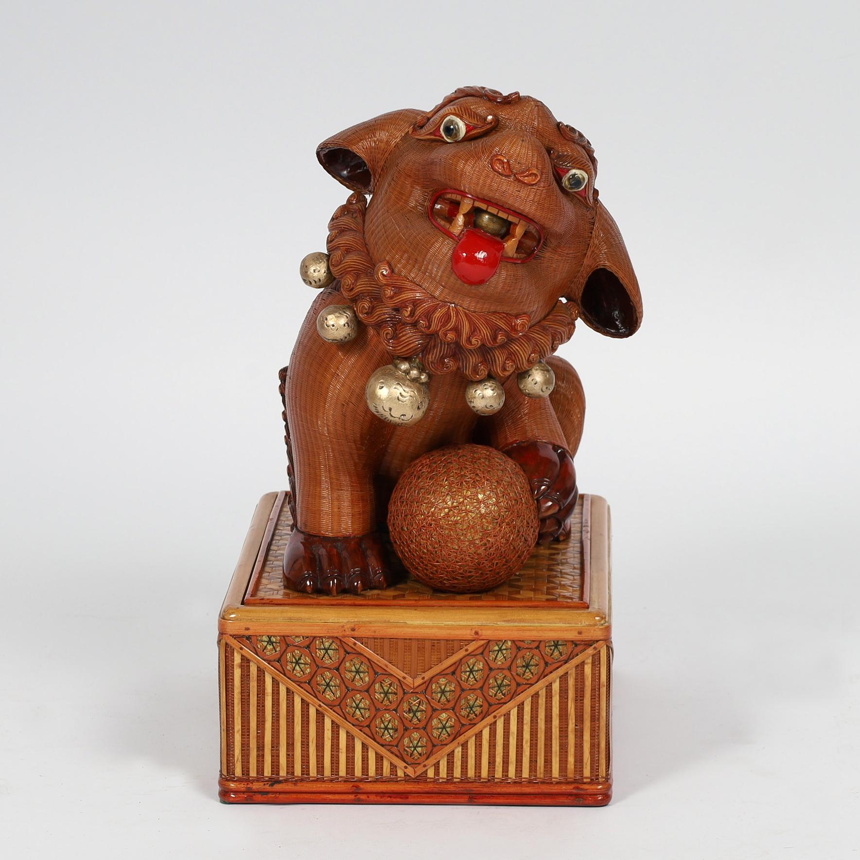 Ultimate pair of mid century Chinese foo dogs with removable heads, ambitiously hand crafted in wicker, reed and rattan with carved wood and paint decorated highlights, set on wicker and rattan bases. From the famed Shanghai Collection. Best of the
