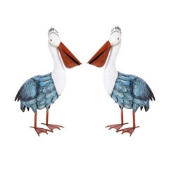 Pair of Vintage Folk Art Painted Metal Pelican Sculptures
