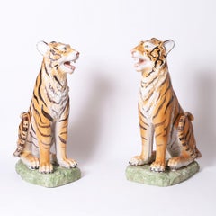 Pair of Vintage Italian Glazed Earthenware Tiger Sculptures