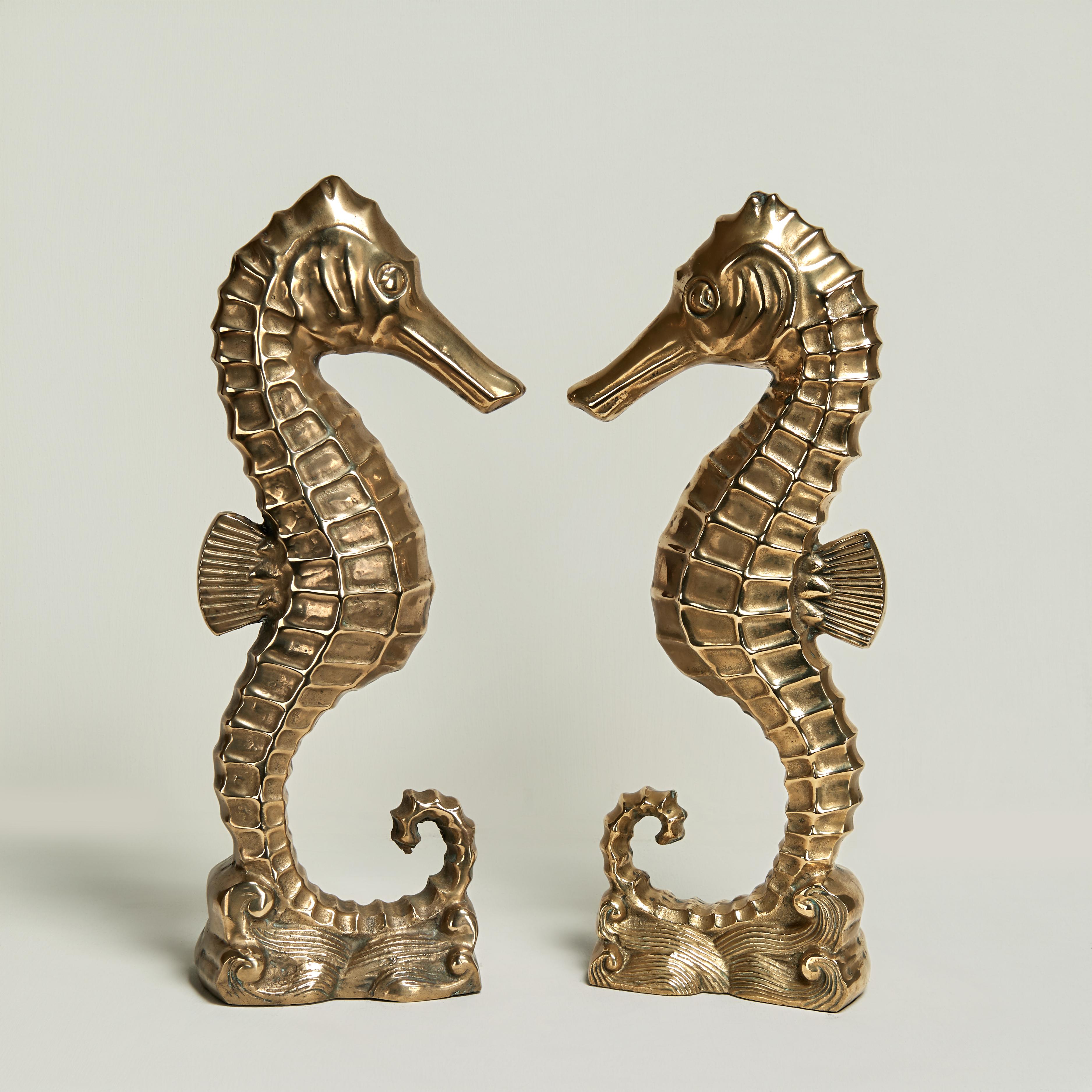 Unknown Figurative Sculpture - Pair of Vintage Stylized Brass Seahorse Sculptures