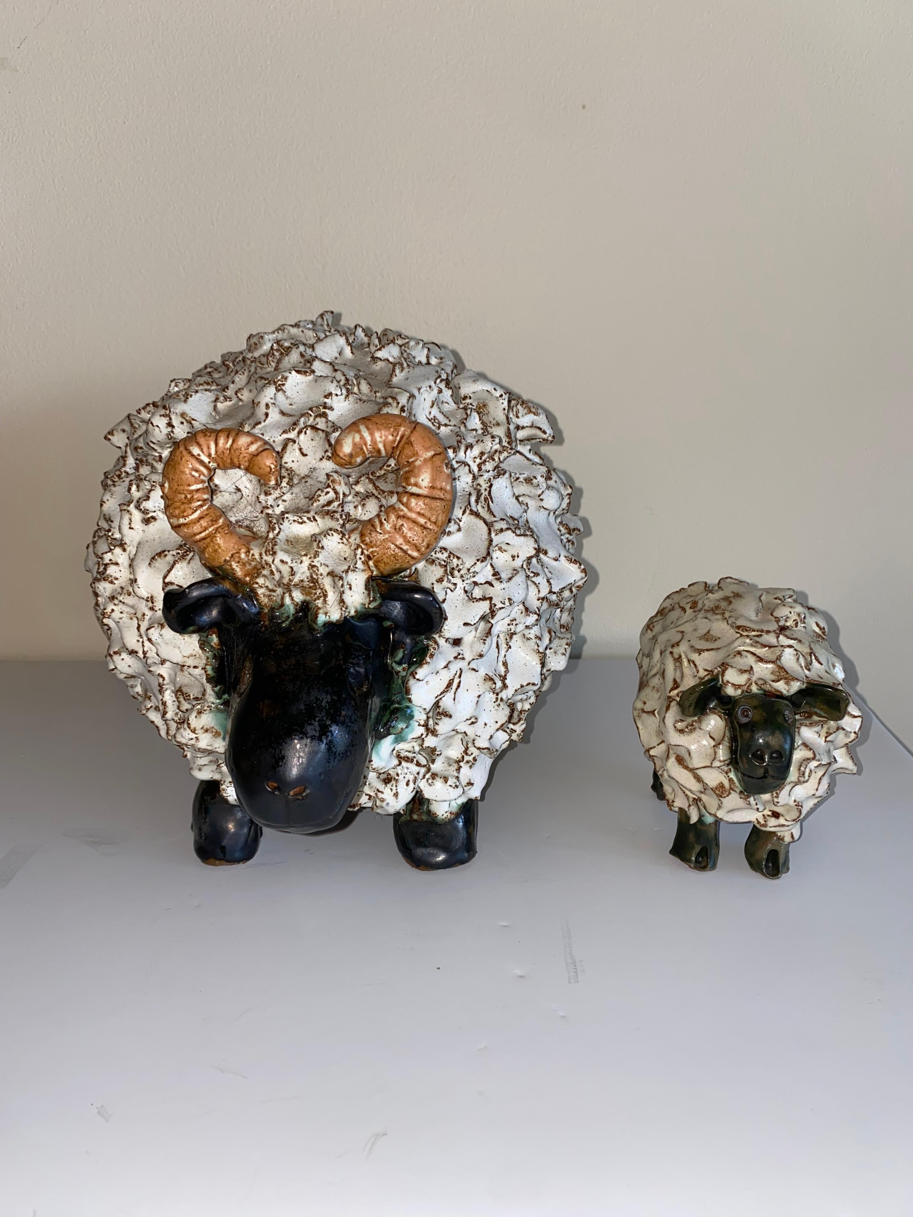 Pair of Whimsical Hand Made Glazed Terracotta Sheep - Other Art Style Sculpture by Unknown