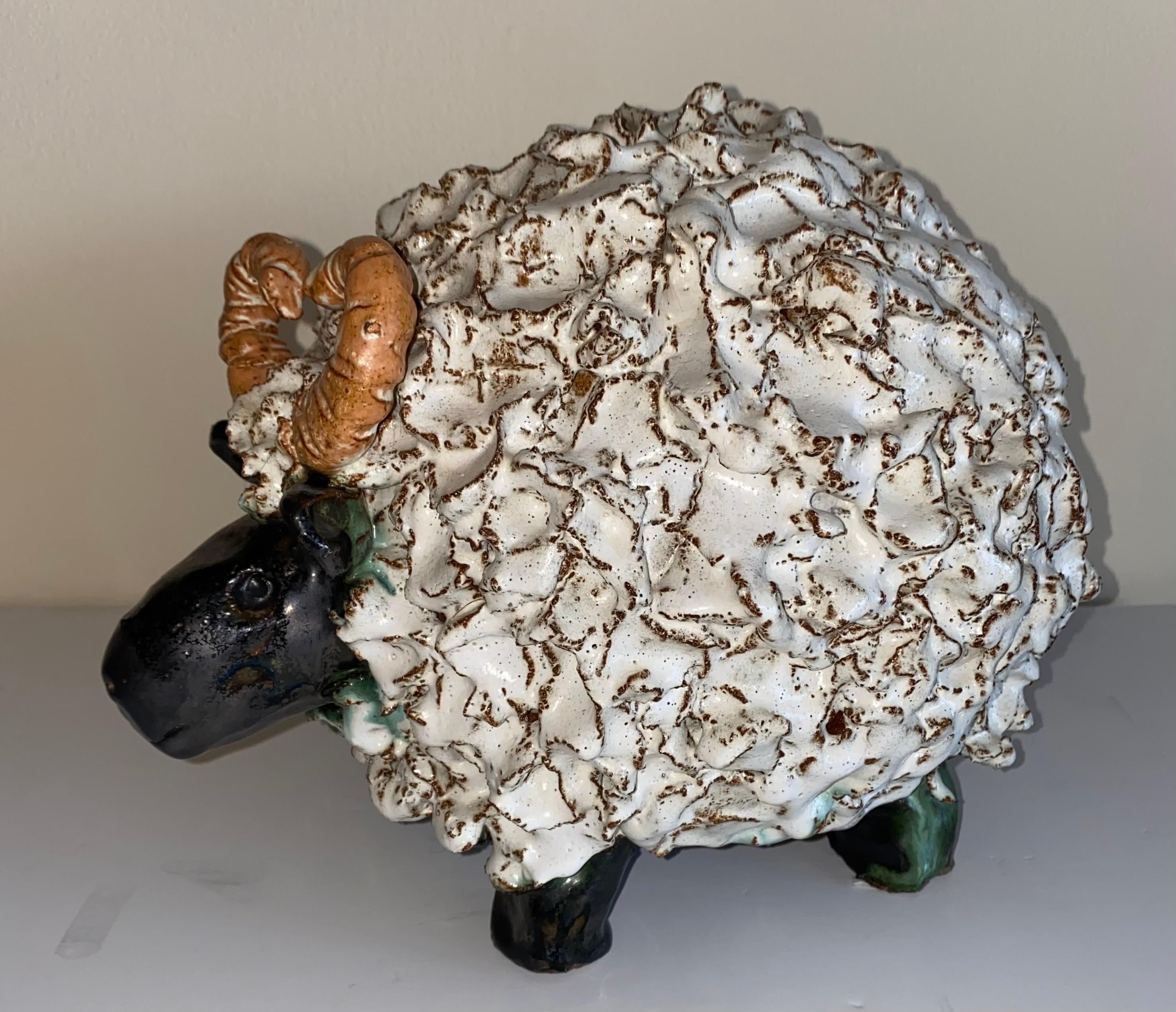 Pair of Whimsical Hand Made Glazed Terracotta Sheep For Sale 1