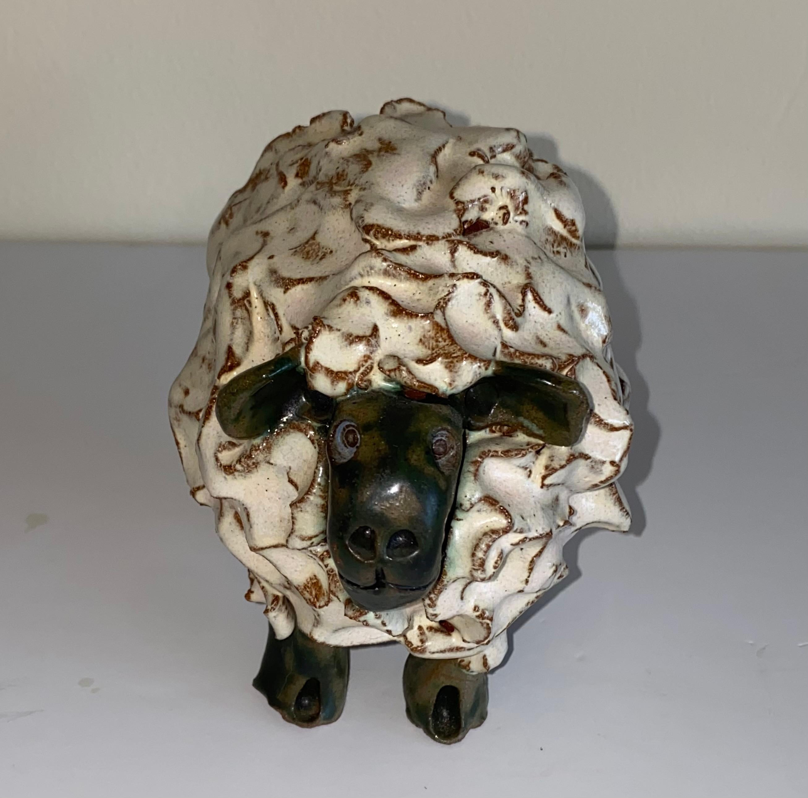 Pair of Whimsical Hand Made Glazed Terracotta Sheep For Sale 2