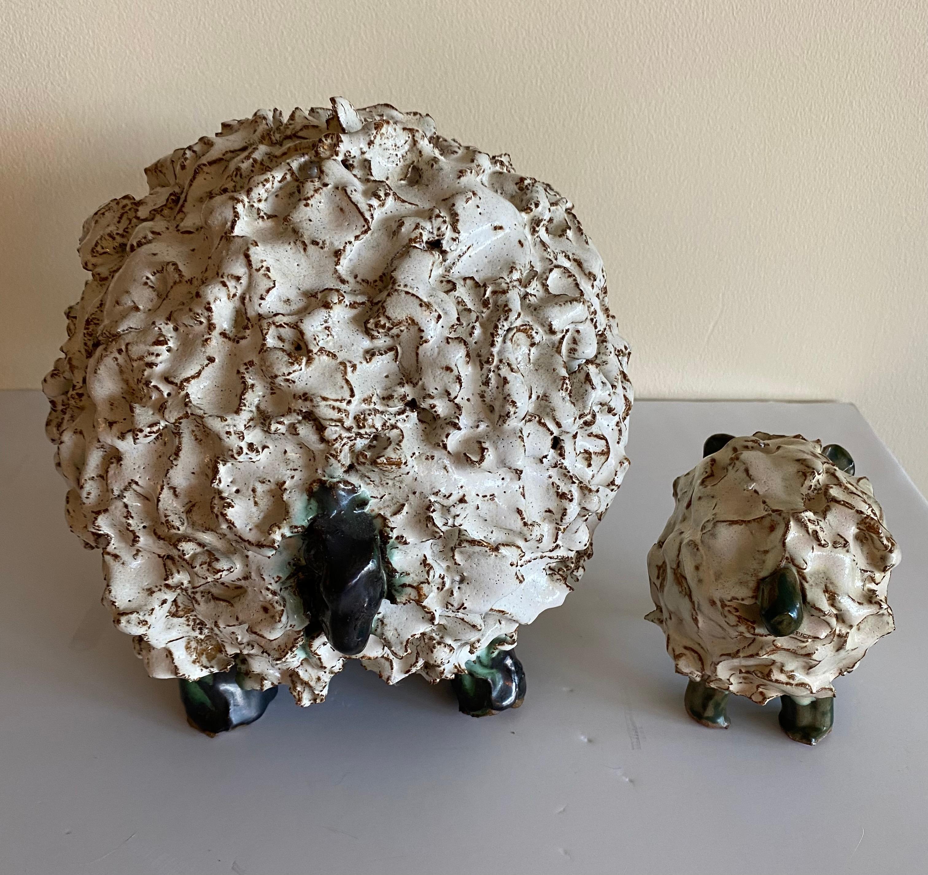 Pair of Whimsical Hand Made Glazed Terracotta Sheep For Sale 3