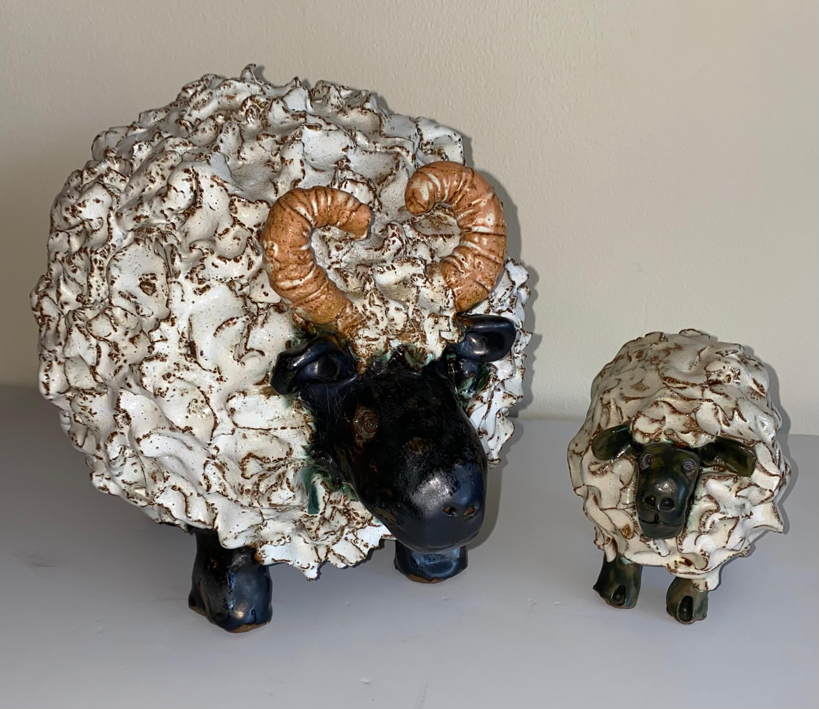 Pair of Whimsical Hand Made Glazed Terracotta Sheep - Sculpture by Unknown