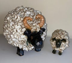 Pair of Whimsical Hand Made Glazed Terracotta Sheep