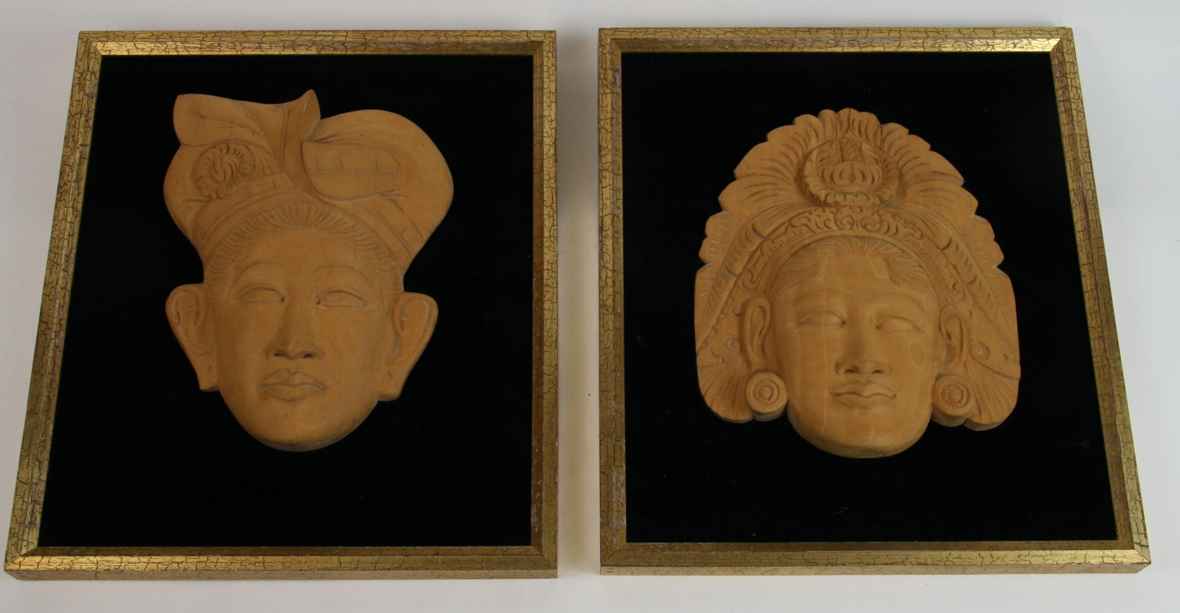 Pair of  Wood Figural Carvings Mounted in Frames  - Sculpture by Unknown