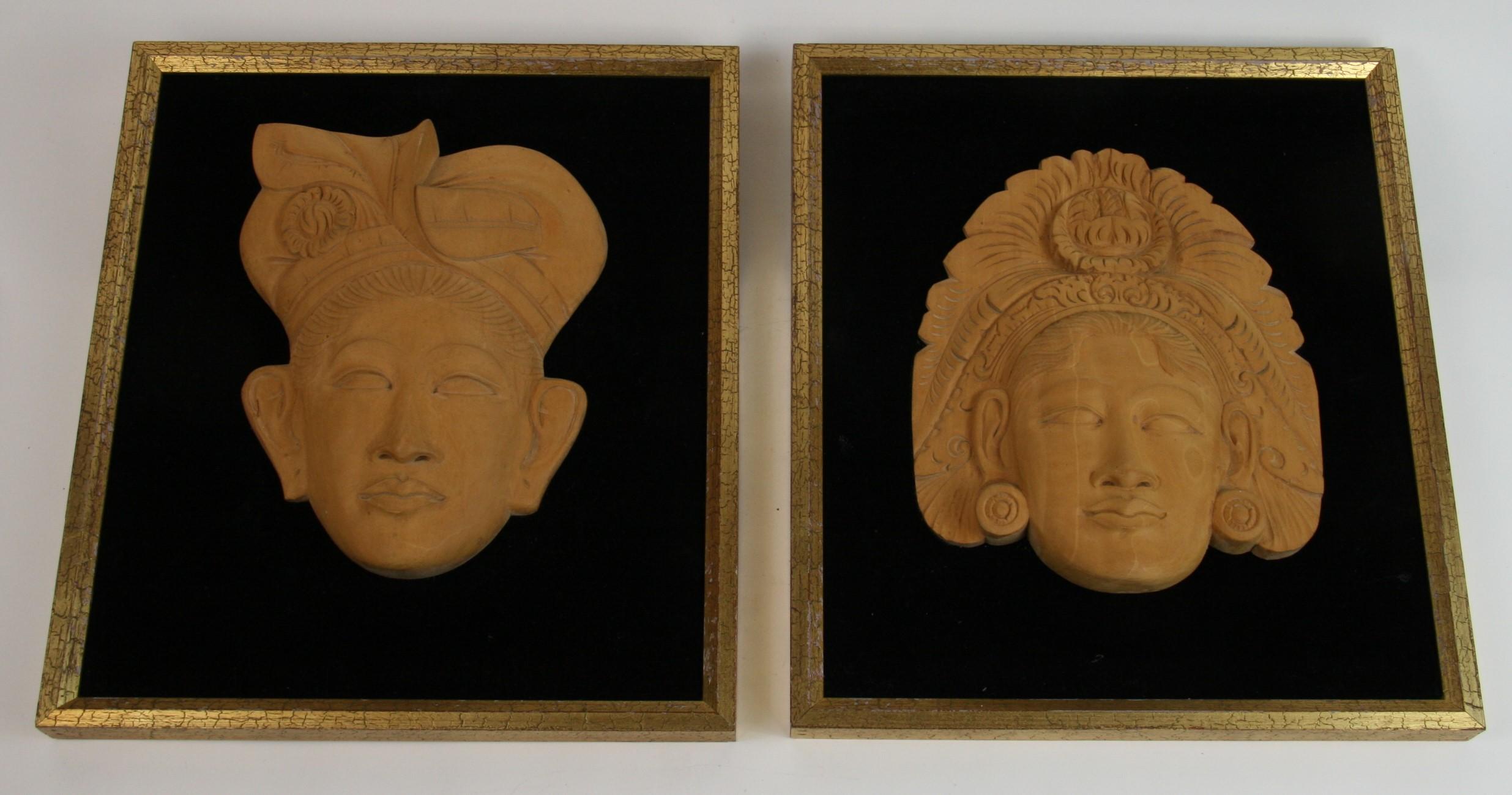 Unknown Figurative Sculpture - Pair of  Wood Figural Carvings Mounted in Frames 