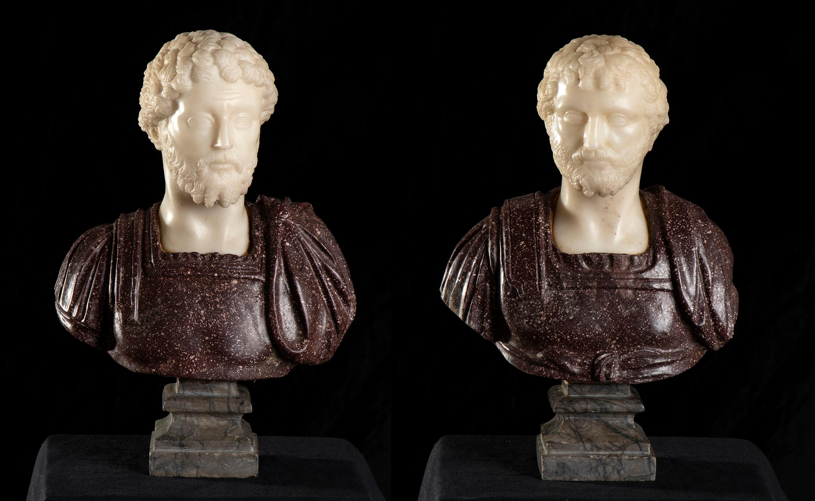Unknown Figurative Sculpture - Pair Red Porphyry and White Marble Sculpture Busts Of Roman Emperors Grand Tour