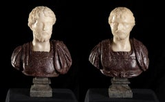 Pair Red Porphyry and White Marble Sculpture Busts Of Roman Emperors Grand Tour