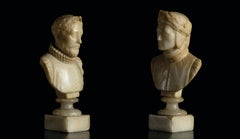 Pair Sculpture Bust White Italian Marble Alabaster Portraits Dante And Cervantes