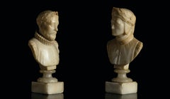 Coppia scultura busto marmo bianco italiano alabastro ritratti Dante e Cervantes