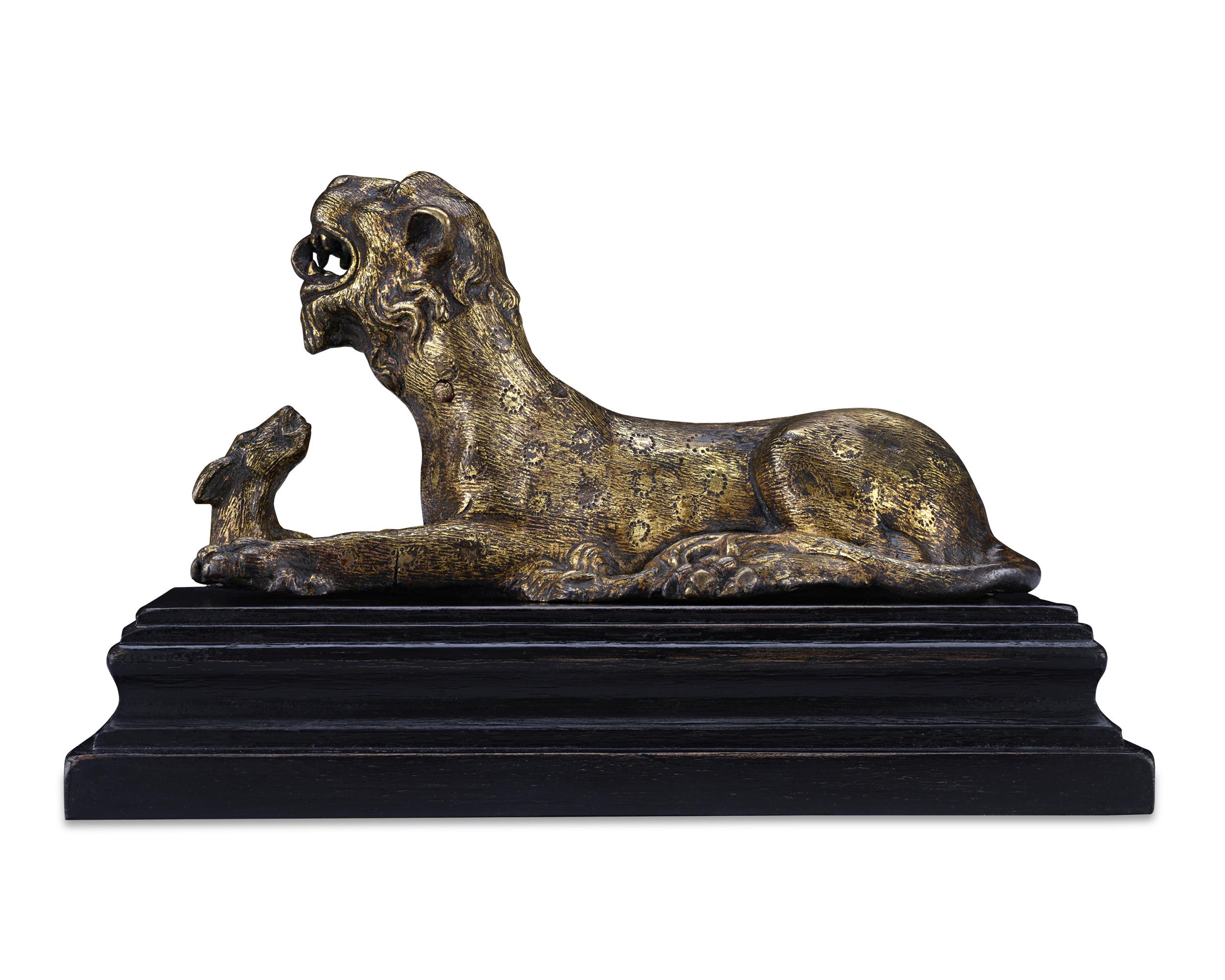 Panther and Hare Bronze Sculpture - Gold Figurative Sculpture by Unknown